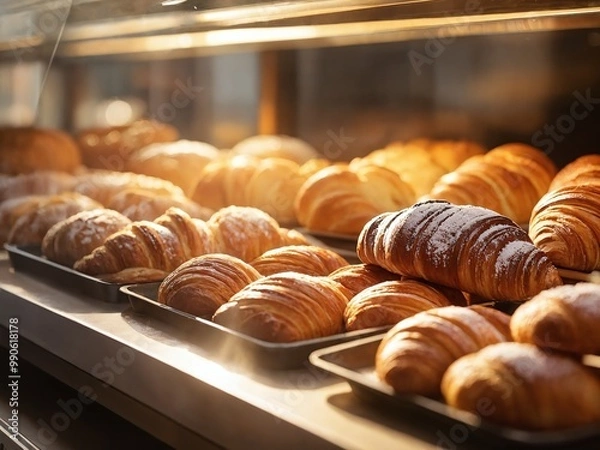 Fototapeta Freshly baked croissants displayed in a bakery, inviting customers with golden crusts and flaky layers in the morning light