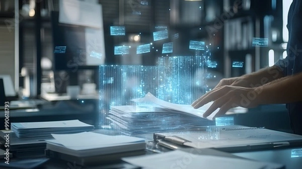 Fototapeta 1. **Visualize a sleek digital workspace where automated software captures and categorizes invoices and receipts in real-time. Show various financial documents being scanned and sorted with