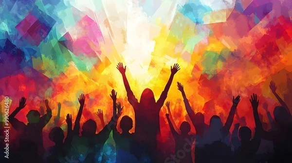 Obraz 3. **Depict a group of young worshippers in silhouette, with hands raised high in praise. Surround them with abstract shapes and colors that represent a vibrant worship atmosphere, emphasizing their