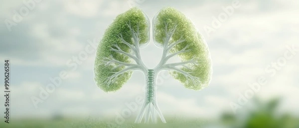 Obraz A tree with two lungs is shown in a field