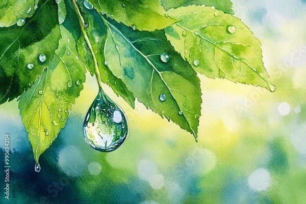 Fototapeta Watercolor painting of a close-up of a dewdrop hanging from the tip of a fresh green leaf, reflecting the spring scenery.