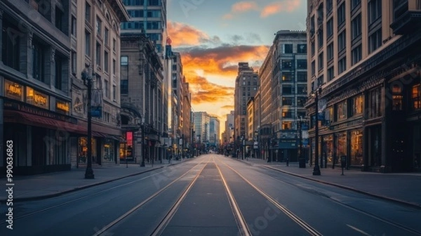 Fototapeta A serene city street at sunset, showcasing empty roads and buildings.