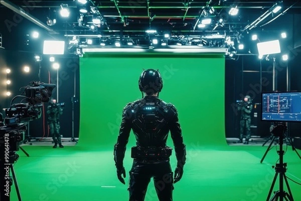 Obraz A film actor wearing a motion capture robot suit on a film set, surrounded by a green screen and professional film lighting. The scene captures the high-tech process of creating CGI and special effect