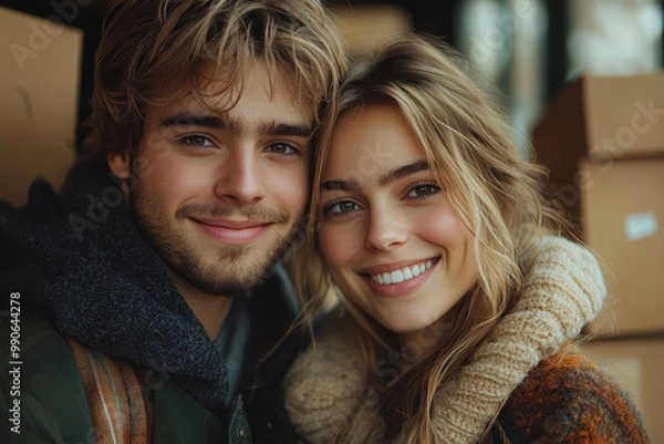 Fototapeta A young couple moving into their new home, surrounded by boxes and smiling as they unpack.