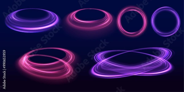 Fototapeta Set of neon blurry light circles at motion. Space tunnel. Light everyday glowing effect. Abstract neon color glowing lines background.	