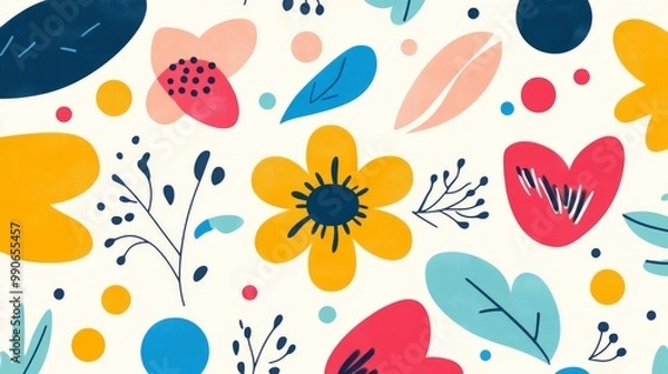 Fototapeta An enchanting array of colorful flowers and stylized leaves creates a harmonious pattern, blending grunge textures with a playful watercolor effect for an artistic expression of nature.