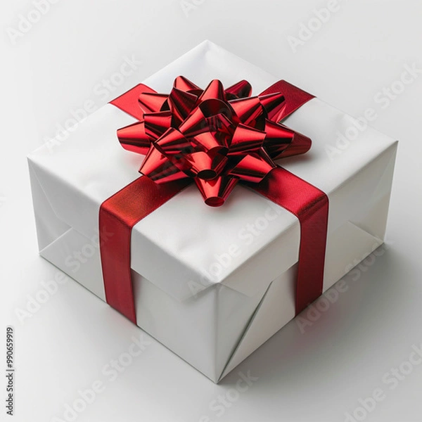 Obraz White gift box with red ribbon, blank white background for design. Made with generative ai.