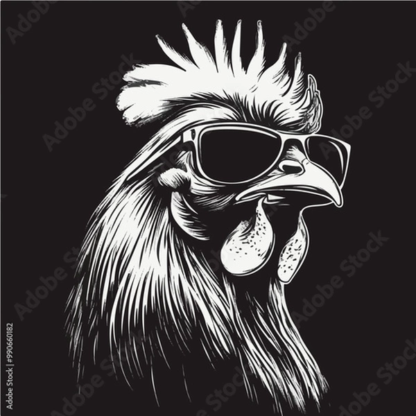 Fototapeta Vector illustration of a rooster wearing sunglasses in a bold black and white stencil style, perfect for edgy designs and branding.