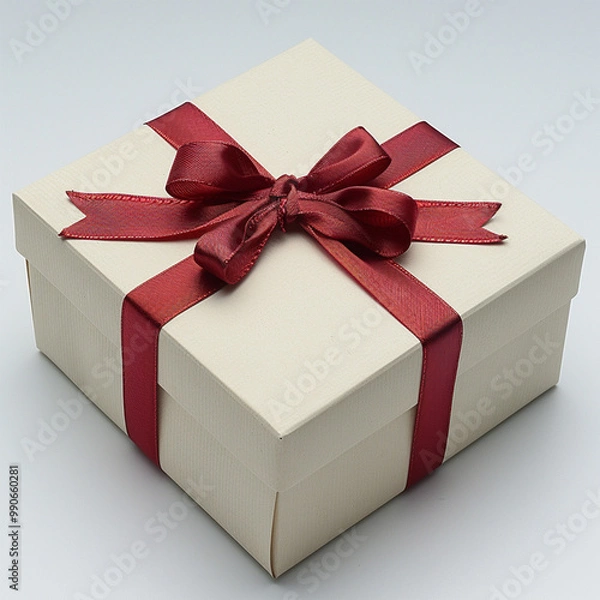 Fototapeta White gift box with red ribbon, blank white background for design. Made with generative ai.