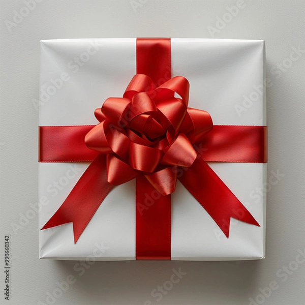 Fototapeta White gift box with red ribbon, blank white background for design. Made with generative ai.