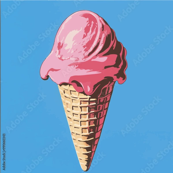 Fototapeta Pop art inspired silk-screen of a red ice cream cone with melting ice cream. A retro, colorful design ideal for food-themed illustrations and nostalgic branding.