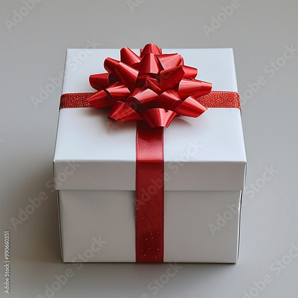 Fototapeta White gift box with red ribbon, blank white background for design. Made with generative ai.