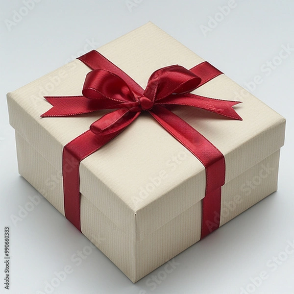 Fototapeta White gift box with red ribbon, blank white background for design. Made with generative ai.