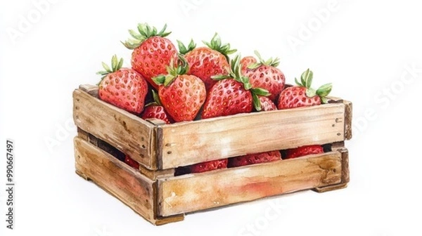 Fototapeta Freshly picked strawberries in a rustic wooden crate on a sunny afternoon