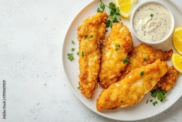Fototapeta Crispy fish fillet and fish sticks with tartar sauce on a light backdrop Space for text overhead shot for menu or recipe