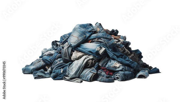 Fototapeta Pile of used jeans clothes ready for recycling on a transparent backdrop