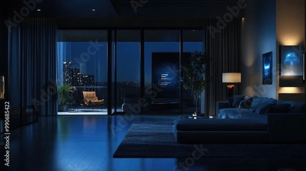 Fototapeta A modern, stylish living room with large windows displaying a beautiful night cityscape. The room is decorated in dark, sleek furniture with ambient lighting.