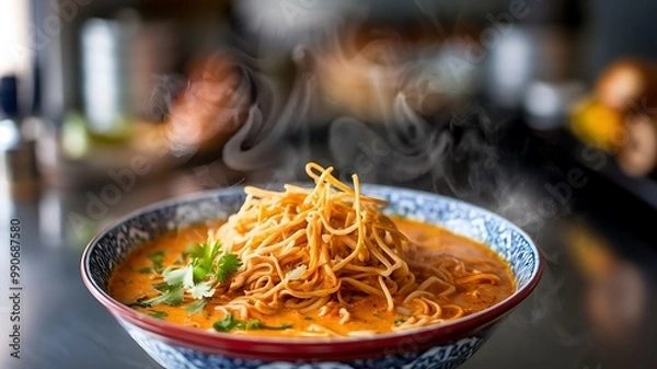 Fototapeta A bowl of steaming noodles in a creamy, red sauce, topped with fresh cilantro.