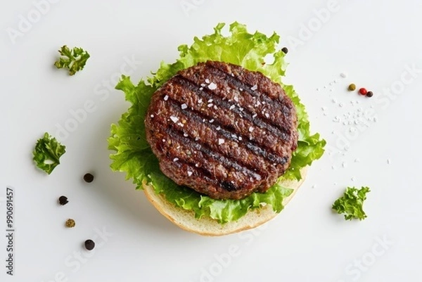Fototapeta Top view of a grilled plant based burger on a bun with lettuce and rock salt against a white background