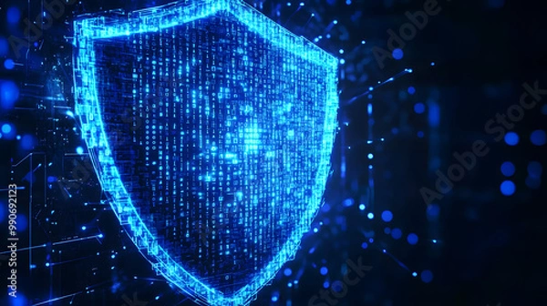Fototapeta digital blue guard shield icon with glowing binary code, AI in security defense systems