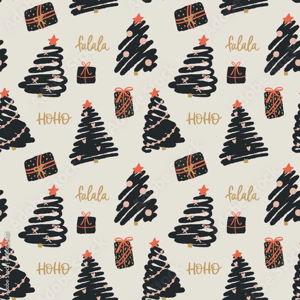 Fototapeta Pattern with stylized christmas trees and hand-lettered elements. Seamless vector pattern. New Year illustration.