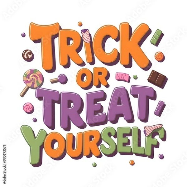 Fototapeta A fun candy-filled design with the phrase Trick or Treat Yourself
