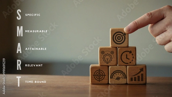 Obraz SMART business goals, SMART Goals Concept with Wooden Blocks: Specific, Measurable, Attainable, Relevant, Time-bound
