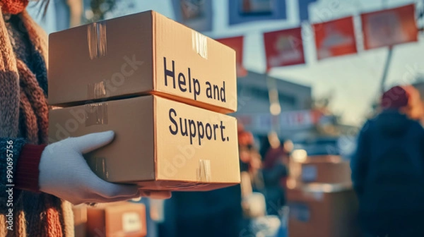 Fototapeta Person holding cardboard boxes labeled "Help and Support" during community charity event, symbolizing volunteering, and humanitarian aid