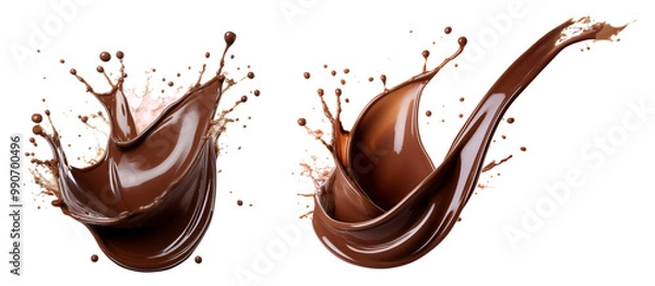 Fototapeta Set of chocolate splashes, cut out. Flowing and dripping chocolate with clipping path.