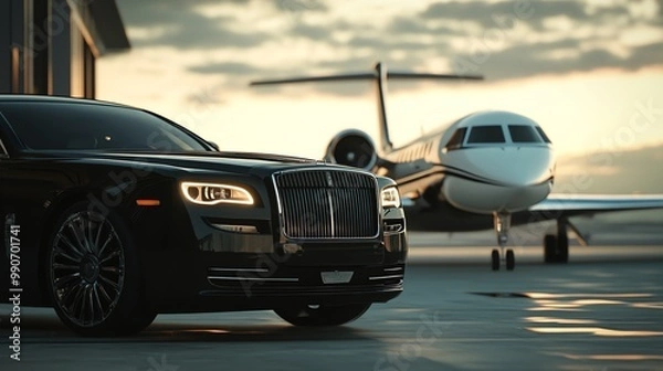 Fototapeta A black luxury car parked in front of a private jet.