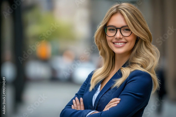 Fototapeta Portrait of a smiling, blonde businesswoman in glasses standing with her arms crossed, looking at the camera on a street. 