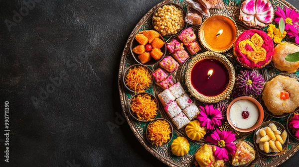Fototapeta Diwali sweets arranged in a plate with diya and flowers