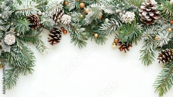Fototapeta Free border with pine trees and festive garlands