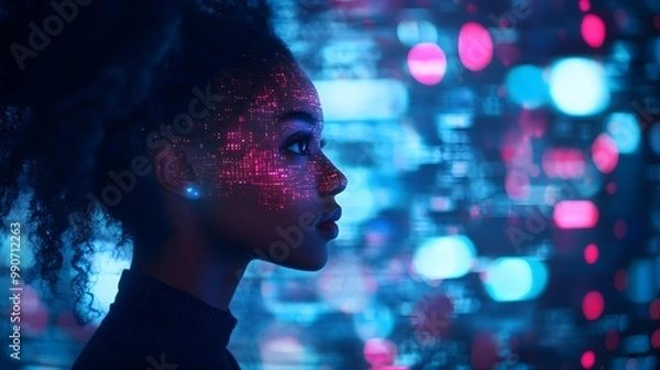 Fototapeta Remote work scene, African American woman in profile, glowing AR data and AI visual effects, futuristic, inclusive workplace, cyberpunk influence, dark neon blue background