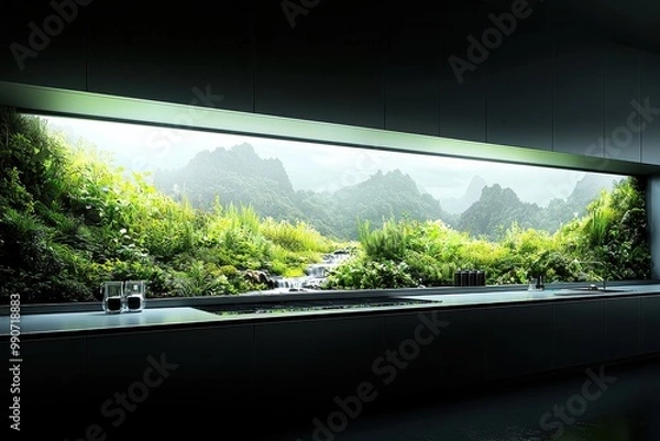 Obraz Lush green landscape viewed through glass window in modern building