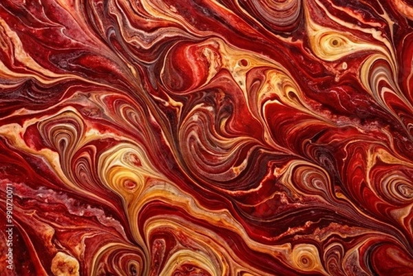 Fototapeta Tightly wound swirls of deep crimson and burgundy dance across the surface of the polished red marble, a