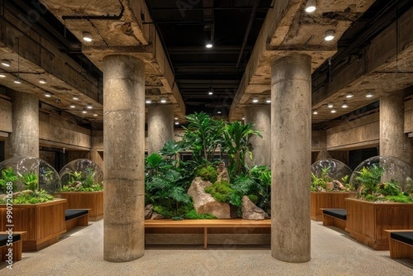 Obraz Lush green plant display in modern office lobby with wooden benches and support columns