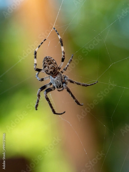 Fototapeta spider in a web on a blurred natural green background. Selective focus. High-quality photo Close-up macro shot of a European garden spider (cross spider, Araneus diadematus) sitting in a spider web