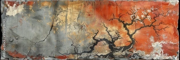 Obraz Abstract painting with vibrant orange and grey tones featuring tree branches. Modern artistic expression perfect for contemporary decor.