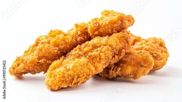 Fototapeta Crispy chicken fingers against a plain white backdrop.