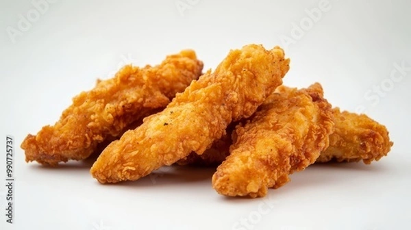 Fototapeta Crispy chicken fingers against a plain white backdrop.