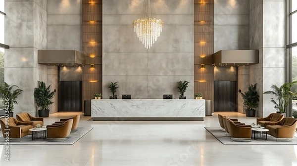 Obraz A sophisticated hotel lobby with a sleek modern design, featuring a marble reception desk, plush velvet chairs, gold accents, a grand chandelier hanging from a high ceiling,