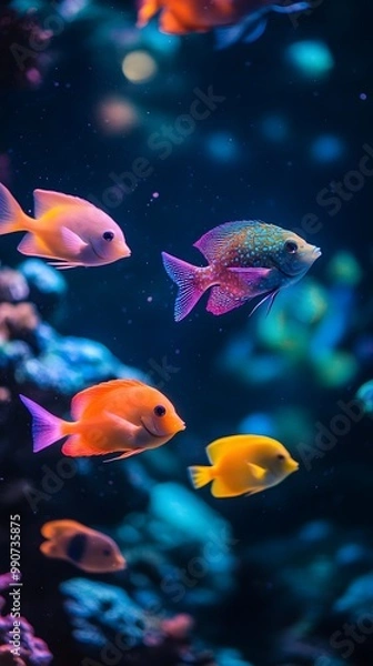 Fototapeta A group of colorful tropical fish swimming in the water, with vibrant colors and beautiful coral reefs around them