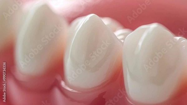 Fototapeta A close-up view of a row of teeth. The gums are a healthy pink, suggesting good oral hygiene.