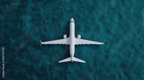 Obraz Aerial view of a white airplane over serene blue ocean water, isolated background.