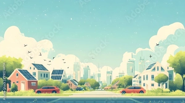 Fototapeta A clean, tranquil scene showing a modern city with electric cars, green rooftops, and solar panels under a clear, pollution-free sky. Gentle clouds and birds in the distance enhance the idea of low en