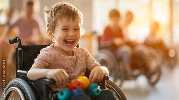 Fototapeta Multiethnic kids in wheelchairs playing with colorful toys in a bright rehab center, sunlight pouring through large windows, smiles and laughter, Digital painting, Warm tones