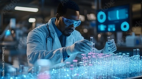 Fototapeta Pharmacist handling medical vials on a conveyor belt, surrounded by digital AI analytics and glowing blue holograms, African American, Sci-Fi, Neon