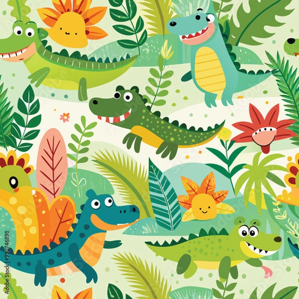 Fototapeta Seamless pattern with cute cartoon colorful crocodiles. Childish jungle vector texture.