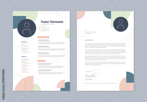 Fototapeta Creative Cv templates. Professional resume, cover letter business layout job applications. Vector modern minimalist presentation set.